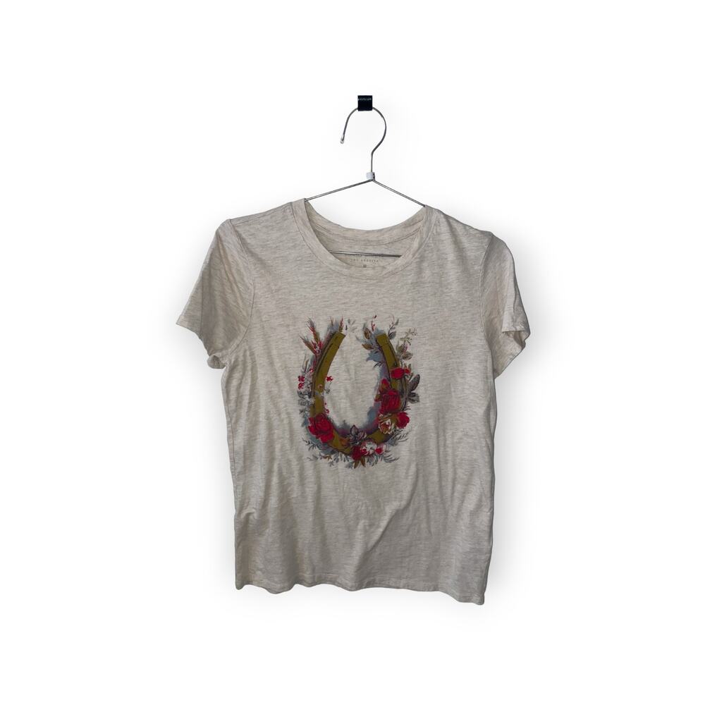 Lucky Brand Women's M Floral Horseshoe on Ivory Tee Shirt Top